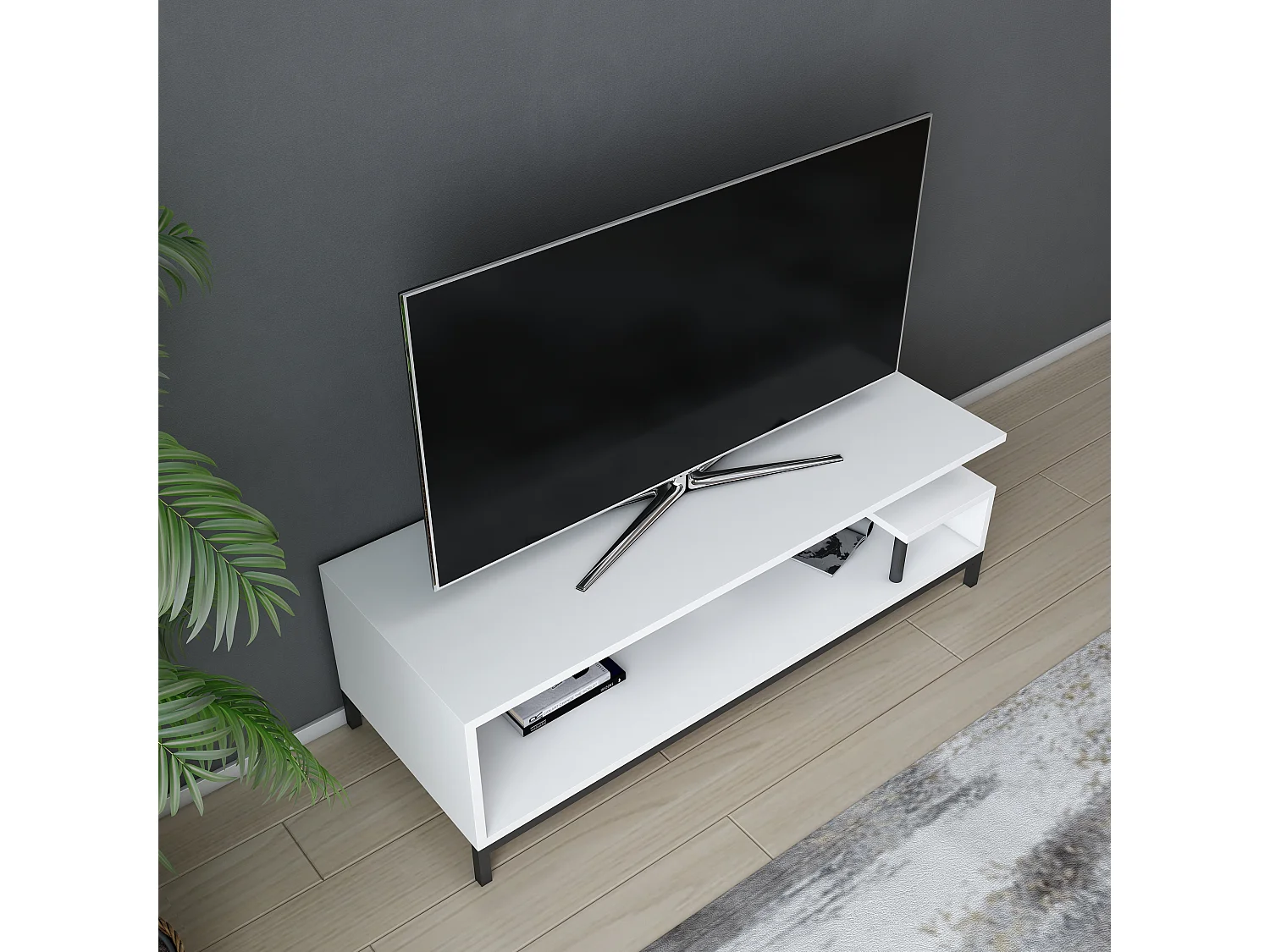 Reilly Meuble TV 120 cm Pieds en métal et étagères ouvertes (Noir et Blanc)