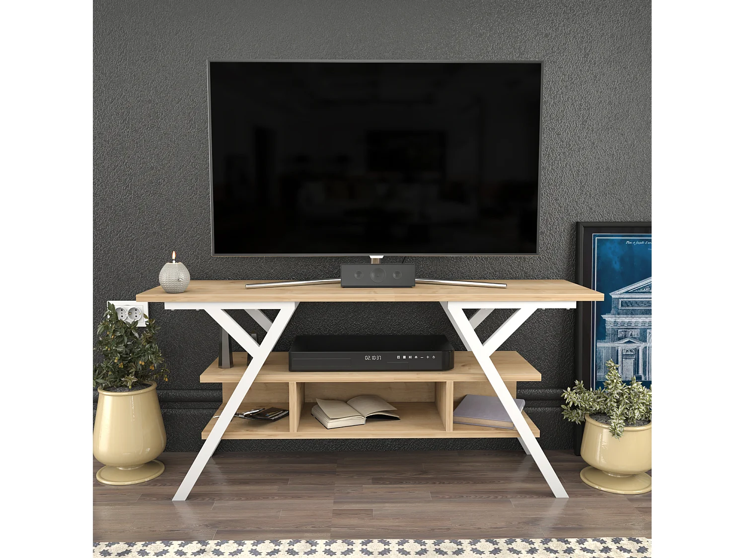 Minerva Meuble TV 120 cm Étagères Ouvertes et Cadre en métal (Blanc et Chêne)