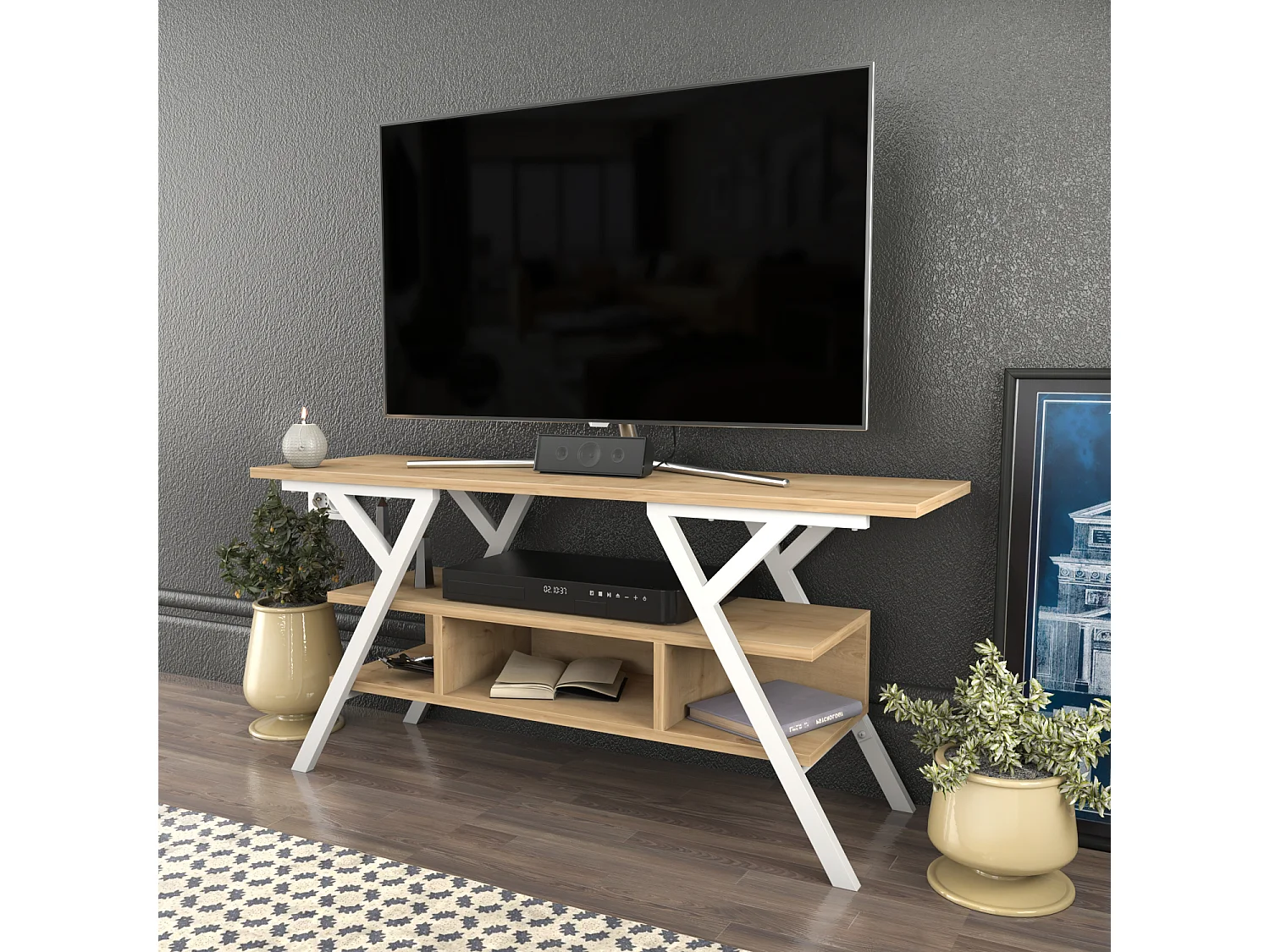 Minerva Meuble TV 120 cm Étagères Ouvertes et Cadre en métal (Blanc et Chêne)