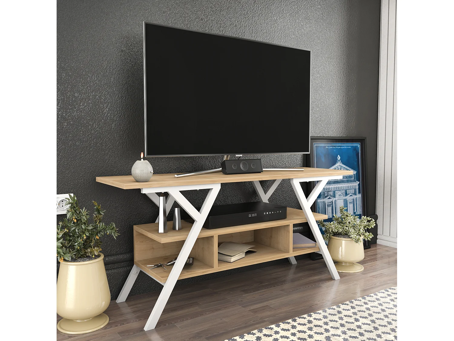 Minerva Meuble TV 120 cm Étagères Ouvertes et Cadre en métal (Blanc et Chêne)