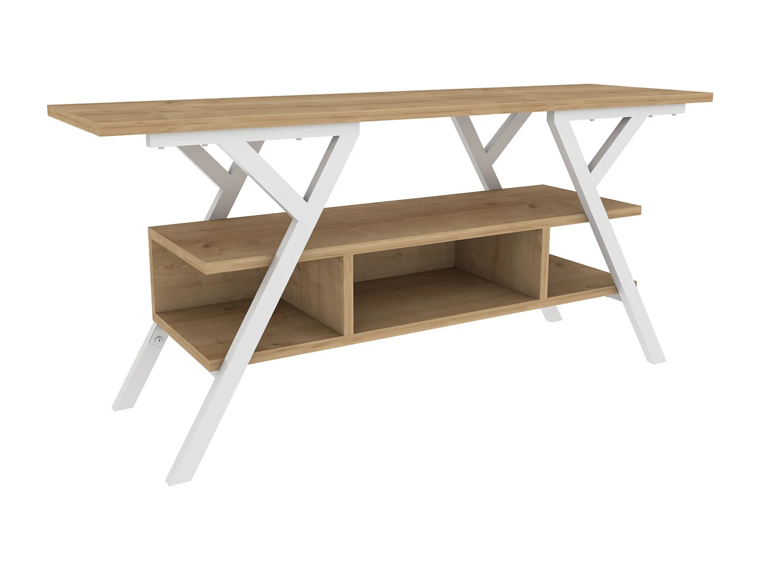Minerva Meuble TV 120 cm Étagères Ouvertes et Cadre en métal (Blanc et Chêne)