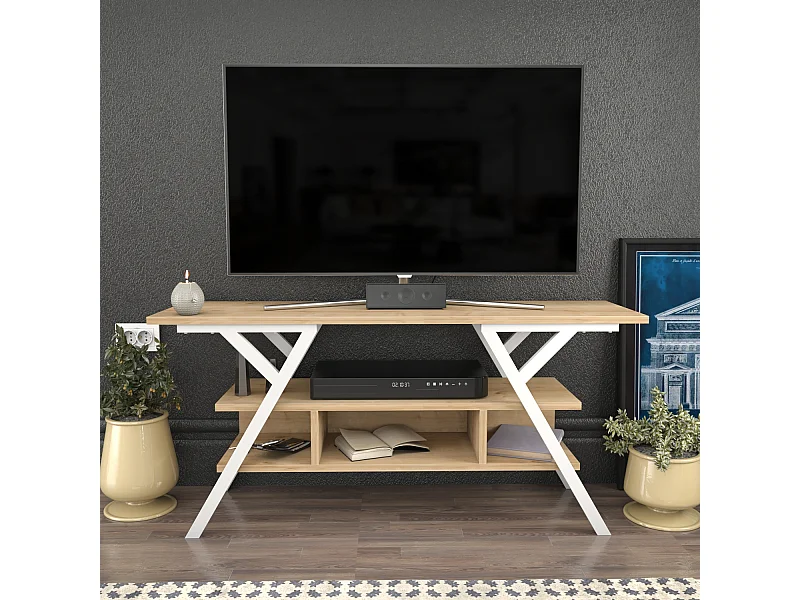 Minerva Meuble TV 120 cm Étagères Ouvertes et Cadre en métal (Blanc et Chêne)