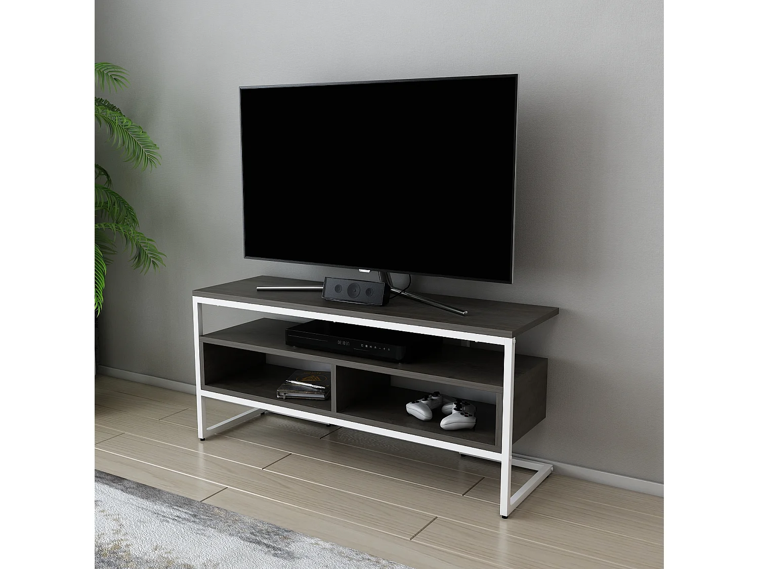 Meuble TV Merrion 111 cm Cadre Métallique (Blanc et Wenge)