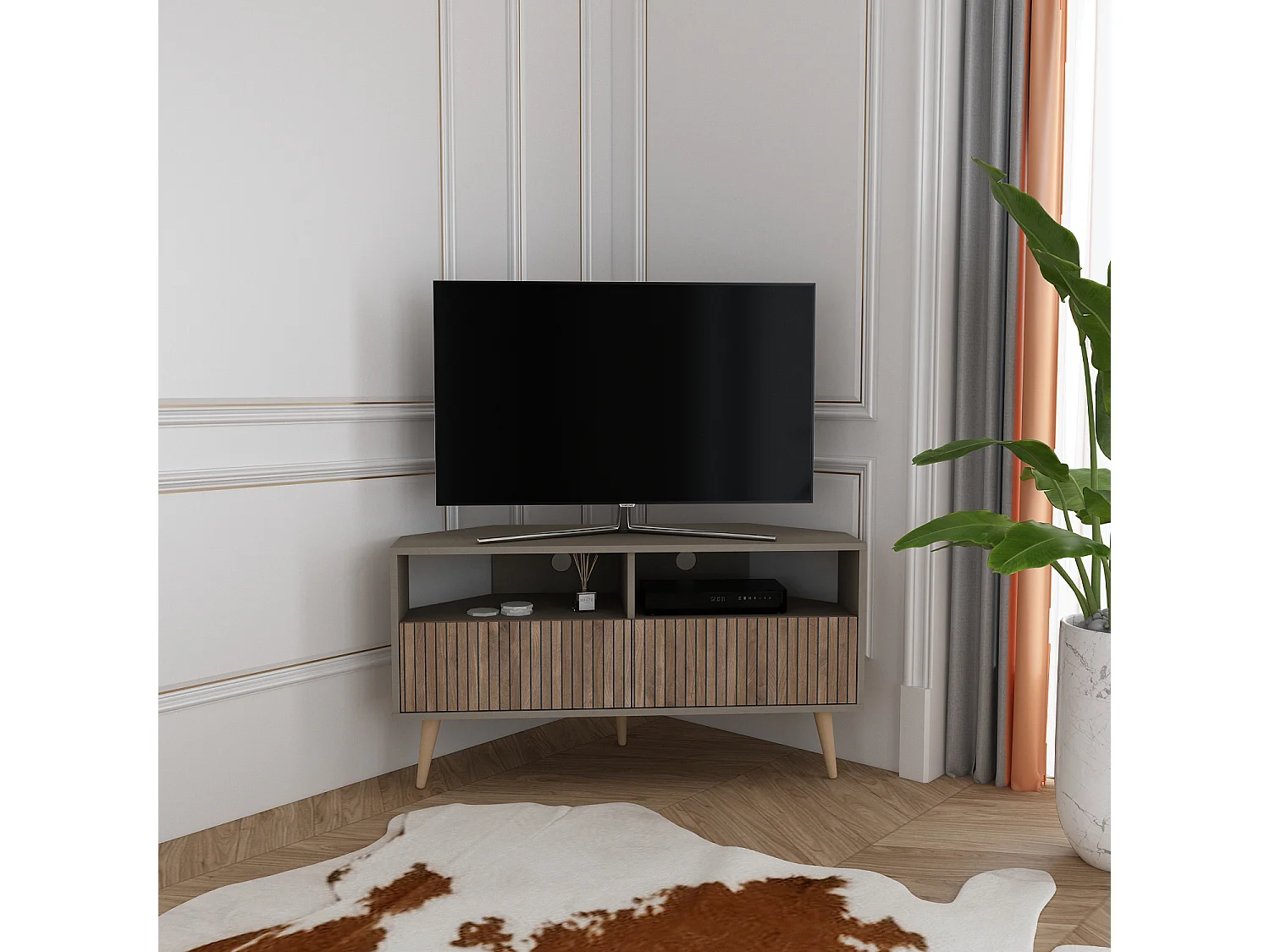 Aura Meuble TV d'angle 120 cm Armoires et Niches avec Pieds en Bois (Galaxy and Effet Alina)