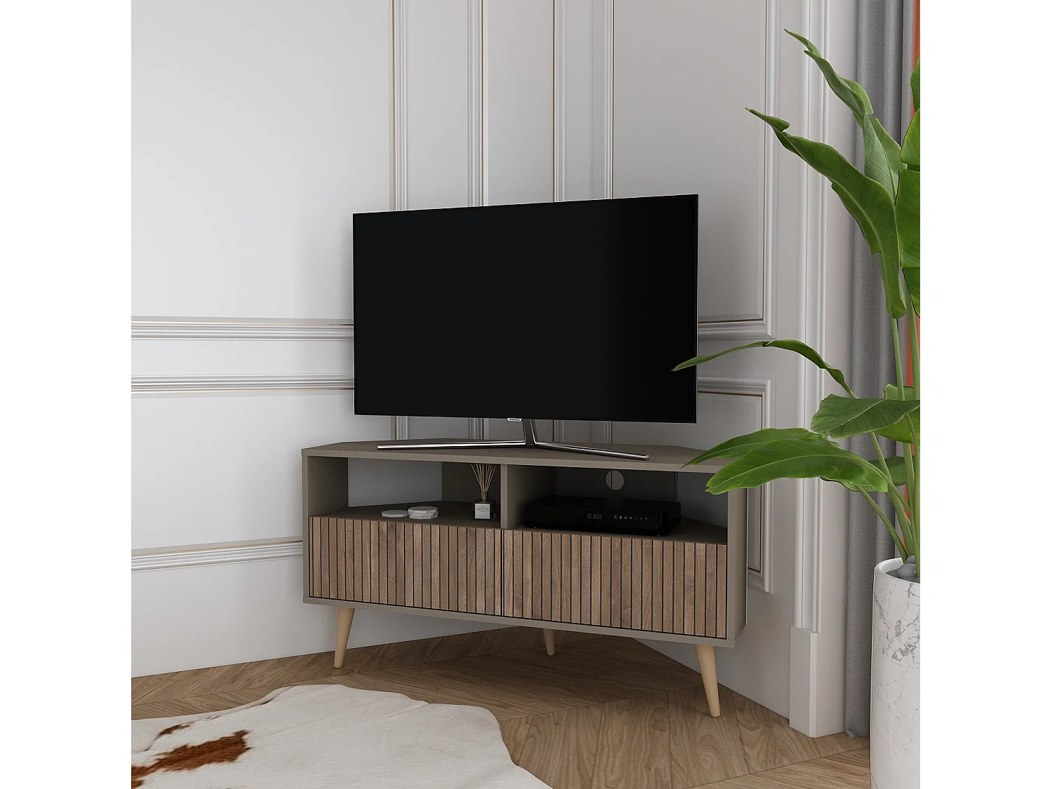 Aura Meuble TV d'angle 120 cm Armoires et Niches avec Pieds en Bois (Galaxy and Effet Alina)