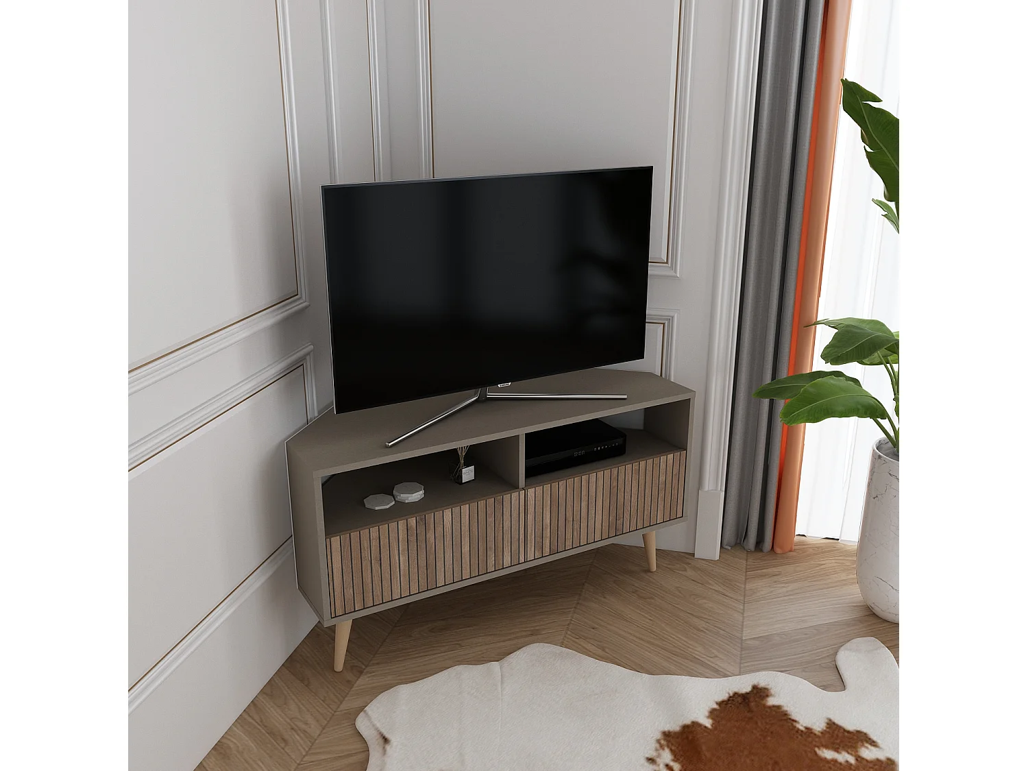 Aura Meuble TV d'angle 120 cm Armoires et Niches avec Pieds en Bois (Galaxy and Effet Alina)