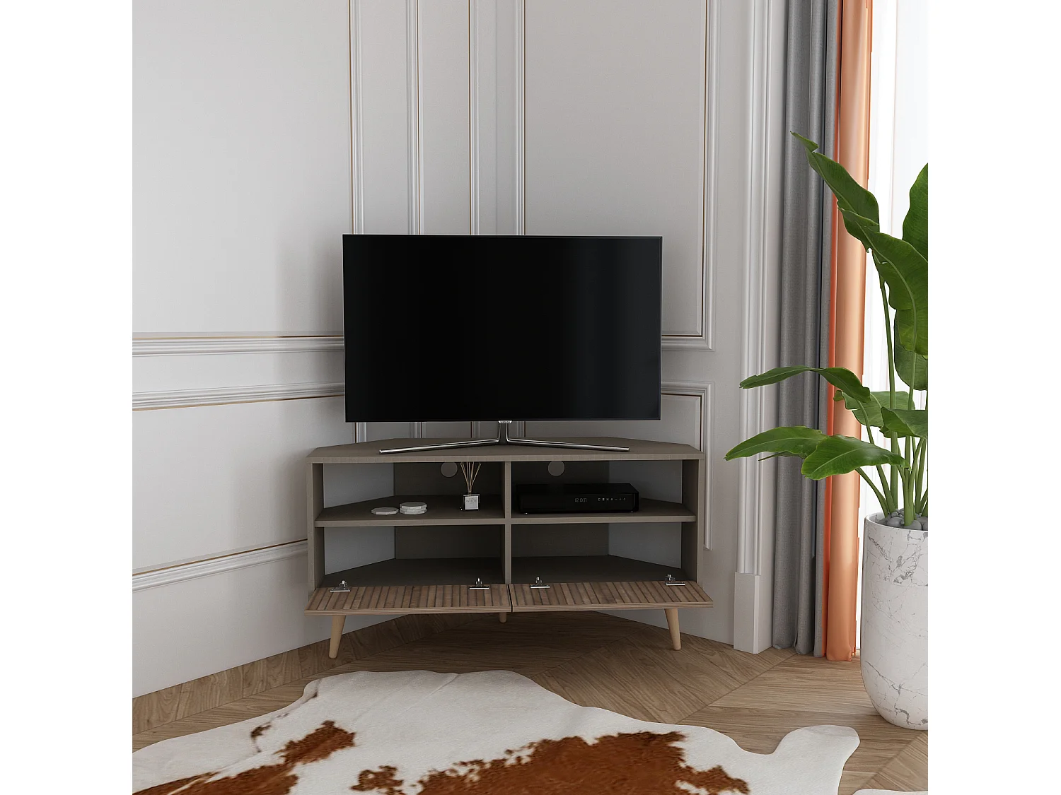Aura Meuble TV d'angle 120 cm Armoires et Niches avec Pieds en Bois (Galaxy and Effet Alina)