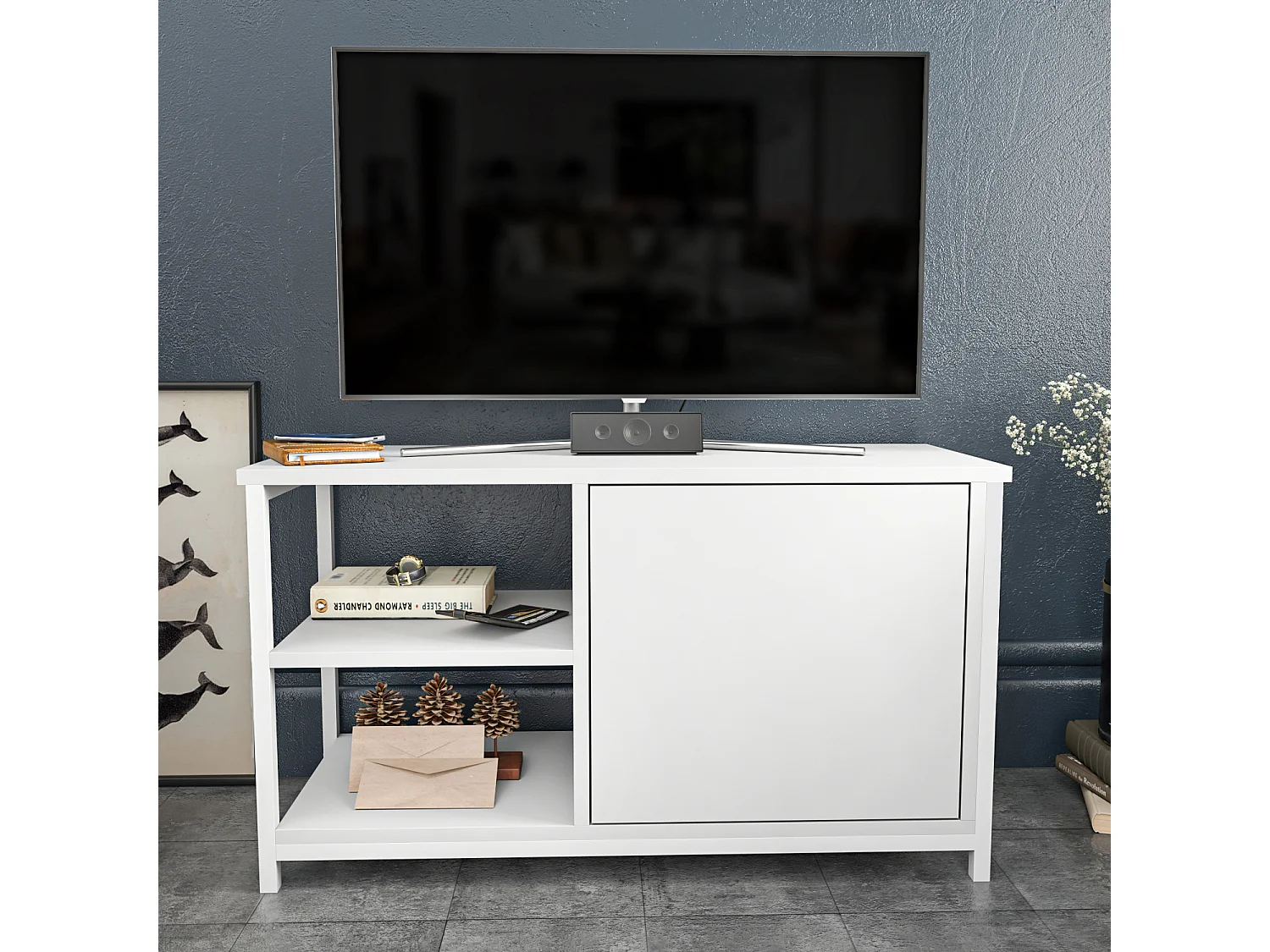 Meuble TV Muskegon 90 cm Placard et Étagères ouvertes (Blanc)