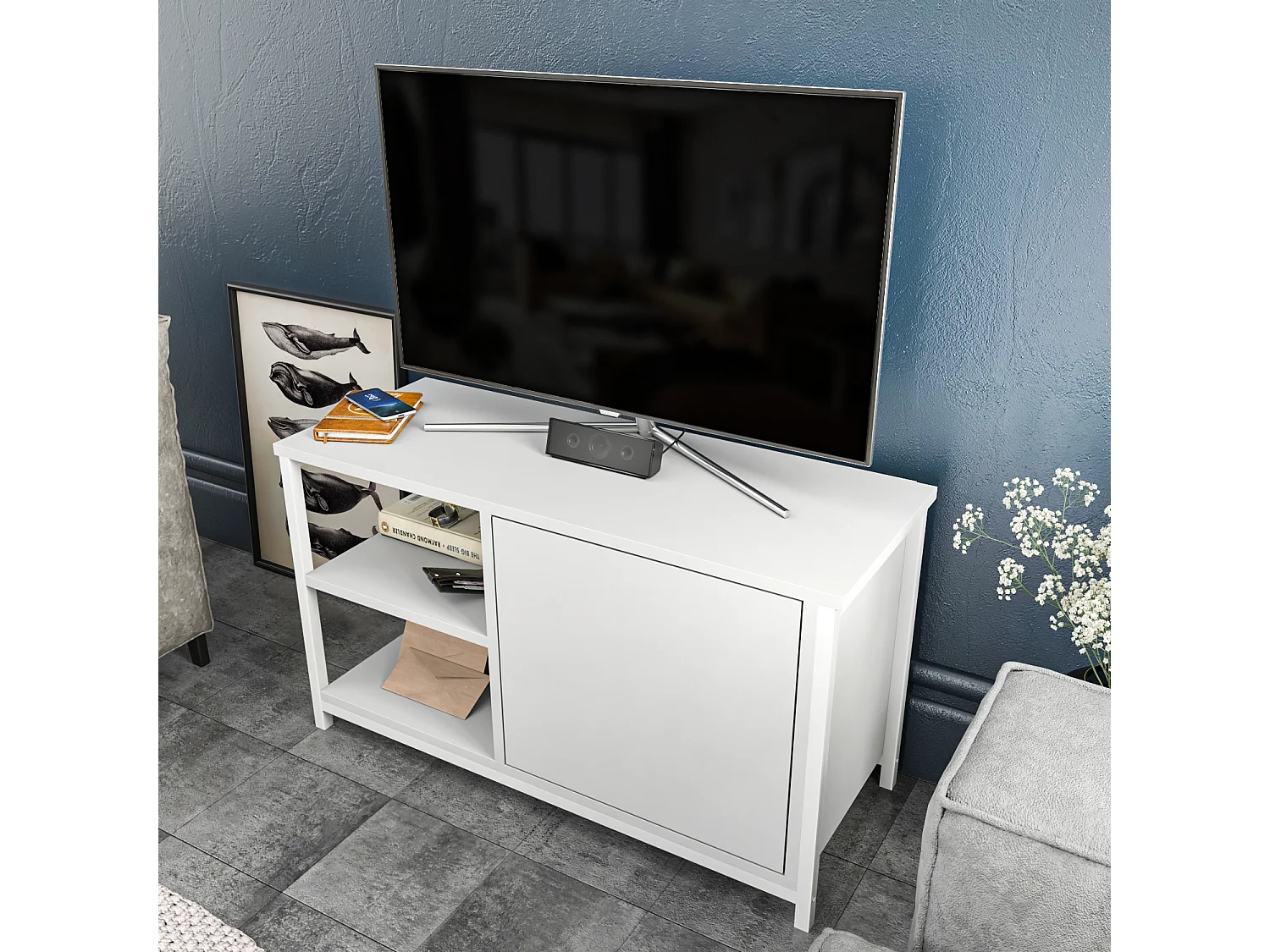 Meuble TV Muskegon 90 cm Placard et Étagères ouvertes (Blanc)