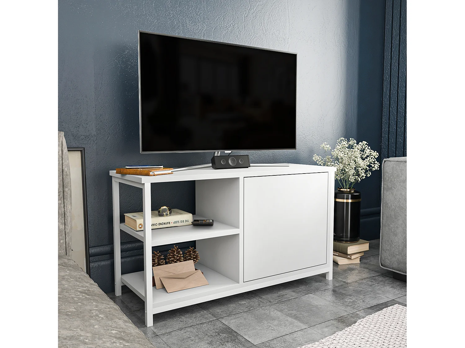 Meuble TV Muskegon 90 cm Placard et Étagères ouvertes (Blanc)