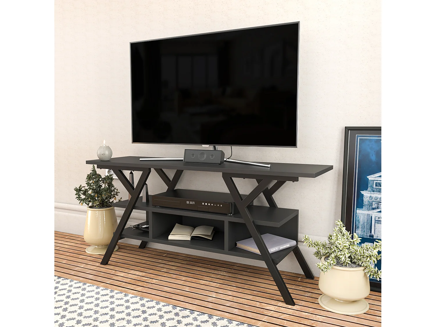 Minerva Meuble TV 120 cm Étagères Ouvertes et Cadre en métal (Noir et Anthracite)