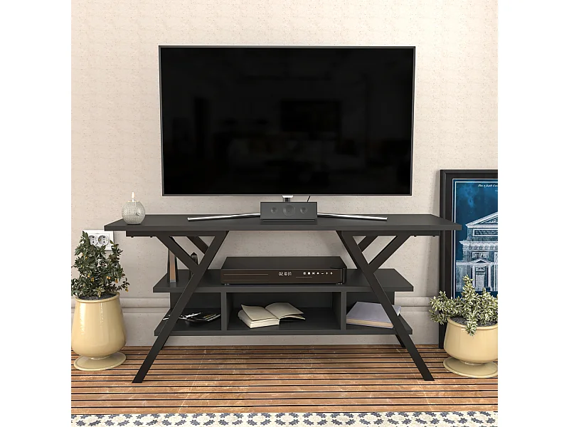 Minerva Meuble TV 120 cm Étagères Ouvertes et Cadre en métal (Noir et Anthracite)