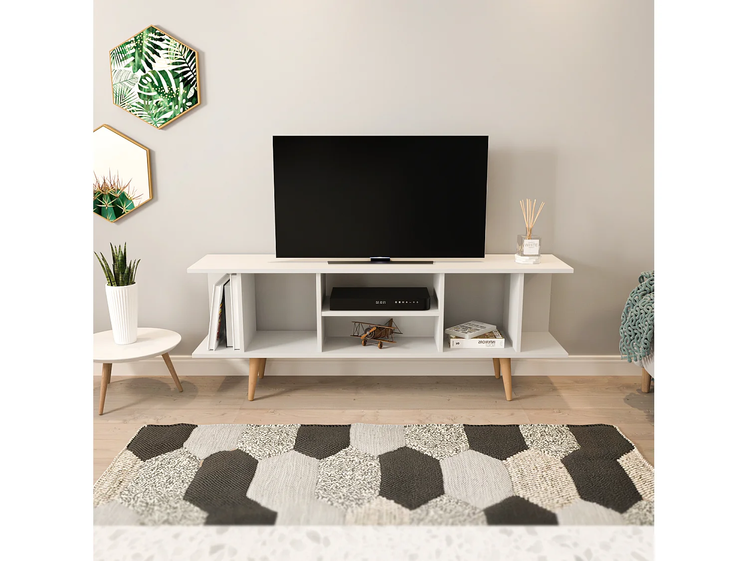 Akya Meuble TV 160 cm avec Niches pour le Rangement (Blanc)