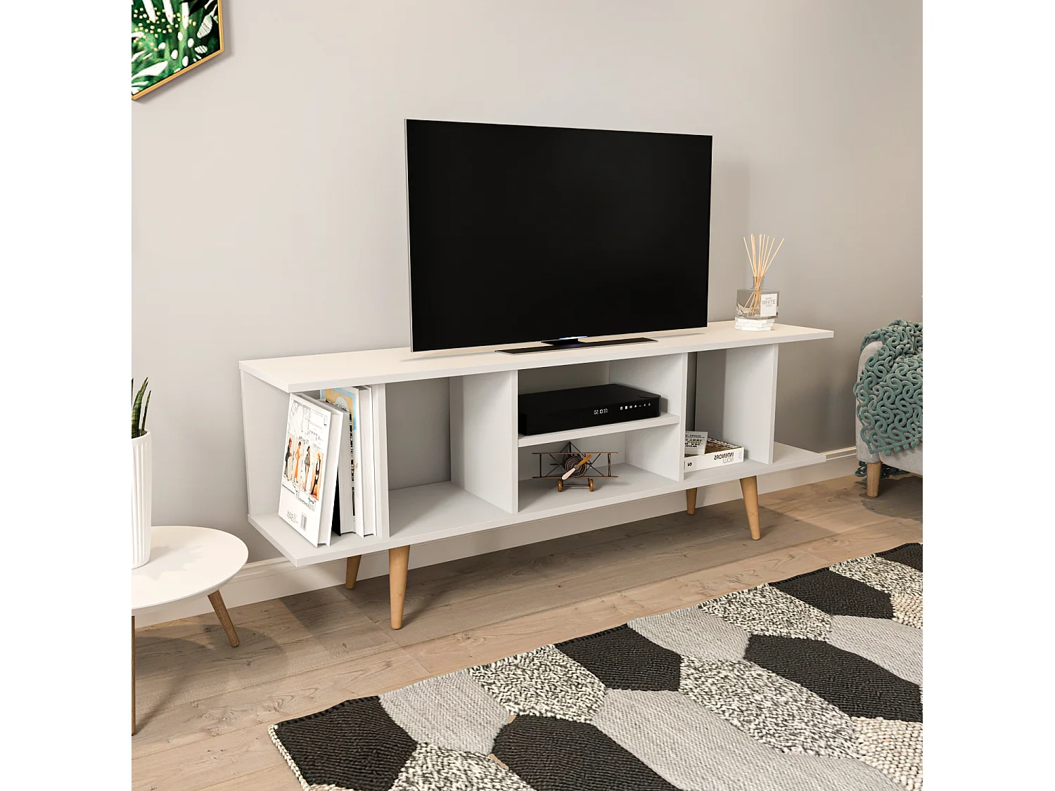 Akya Meuble TV 160 cm avec Niches pour le Rangement (Blanc)