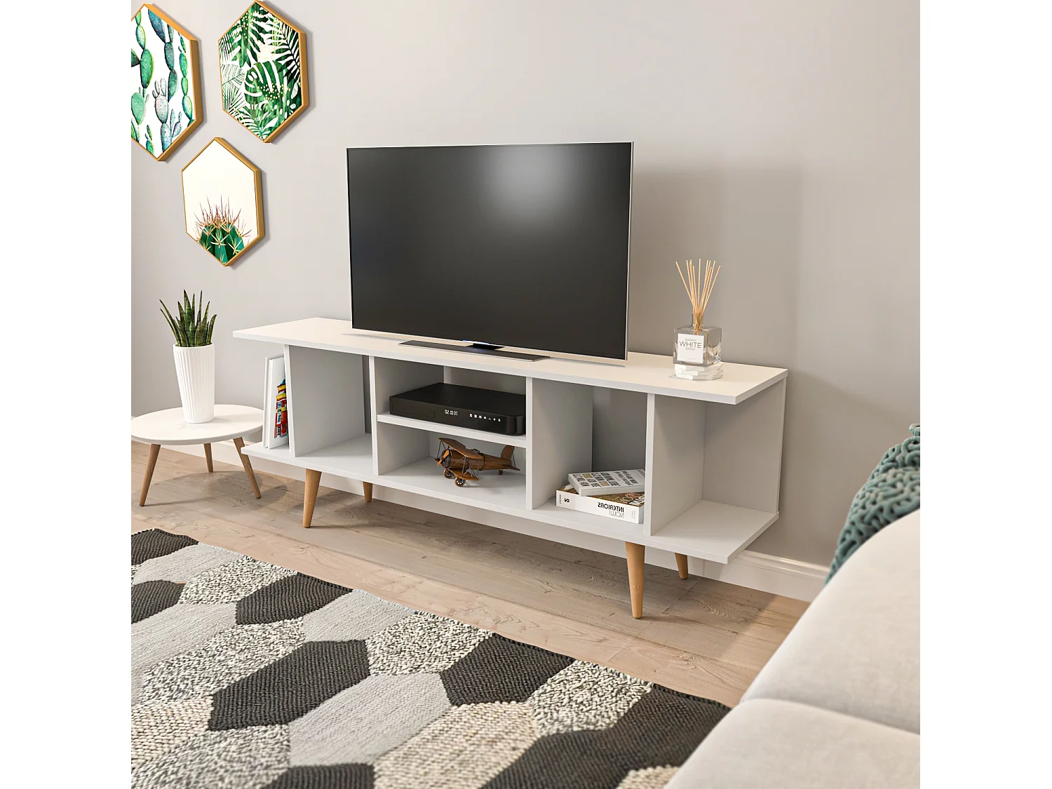 Akya Meuble TV 160 cm avec Niches pour le Rangement (Blanc)