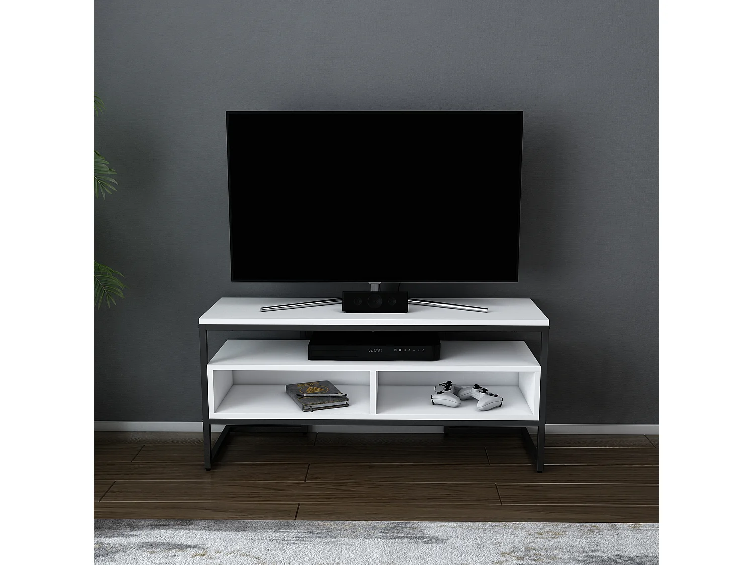 Meuble TV Merrion 111 cm Cadre Métallique (Noir et Blanc)