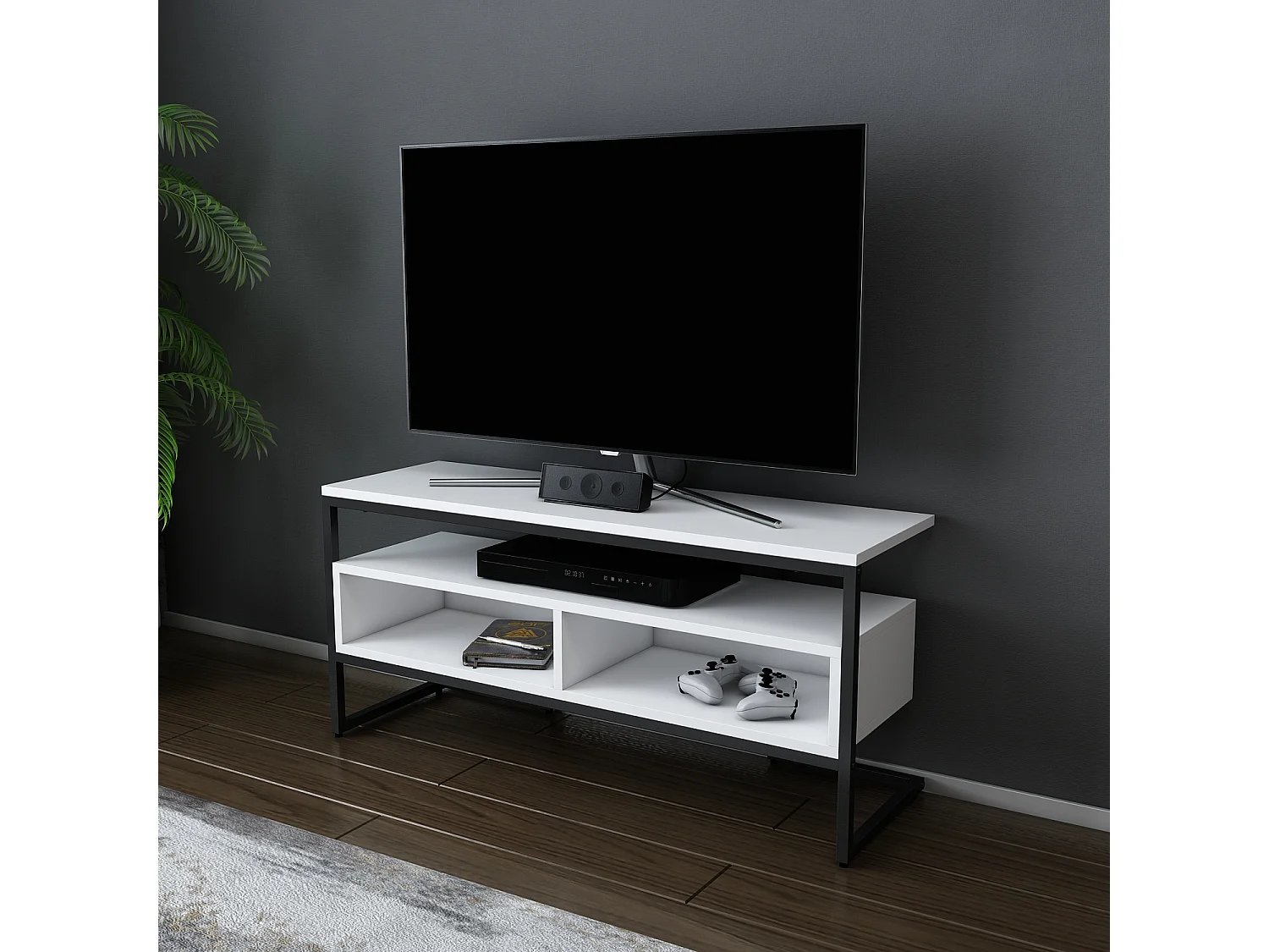 Meuble TV Merrion 111 cm Cadre Métallique (Noir et Blanc)
