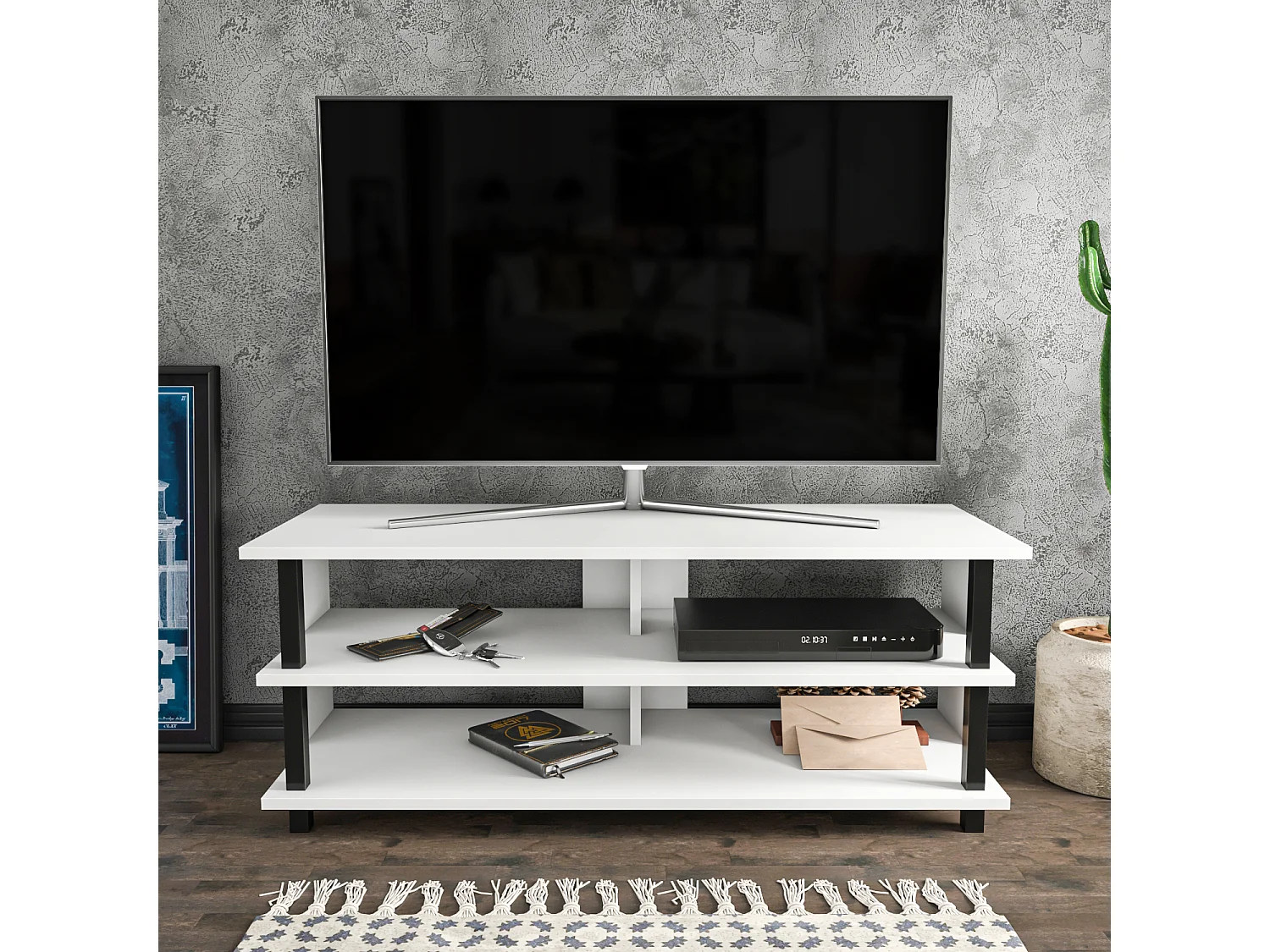 Pueblo Meuble TV 120 cm Niches et Étagères Ouvertes (Noir et Blanc)