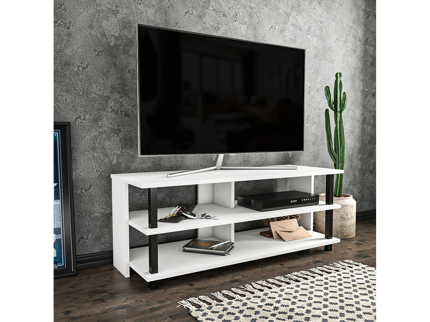 Pueblo Meuble TV 120 cm Niches et Étagères Ouvertes (Noir et Blanc)