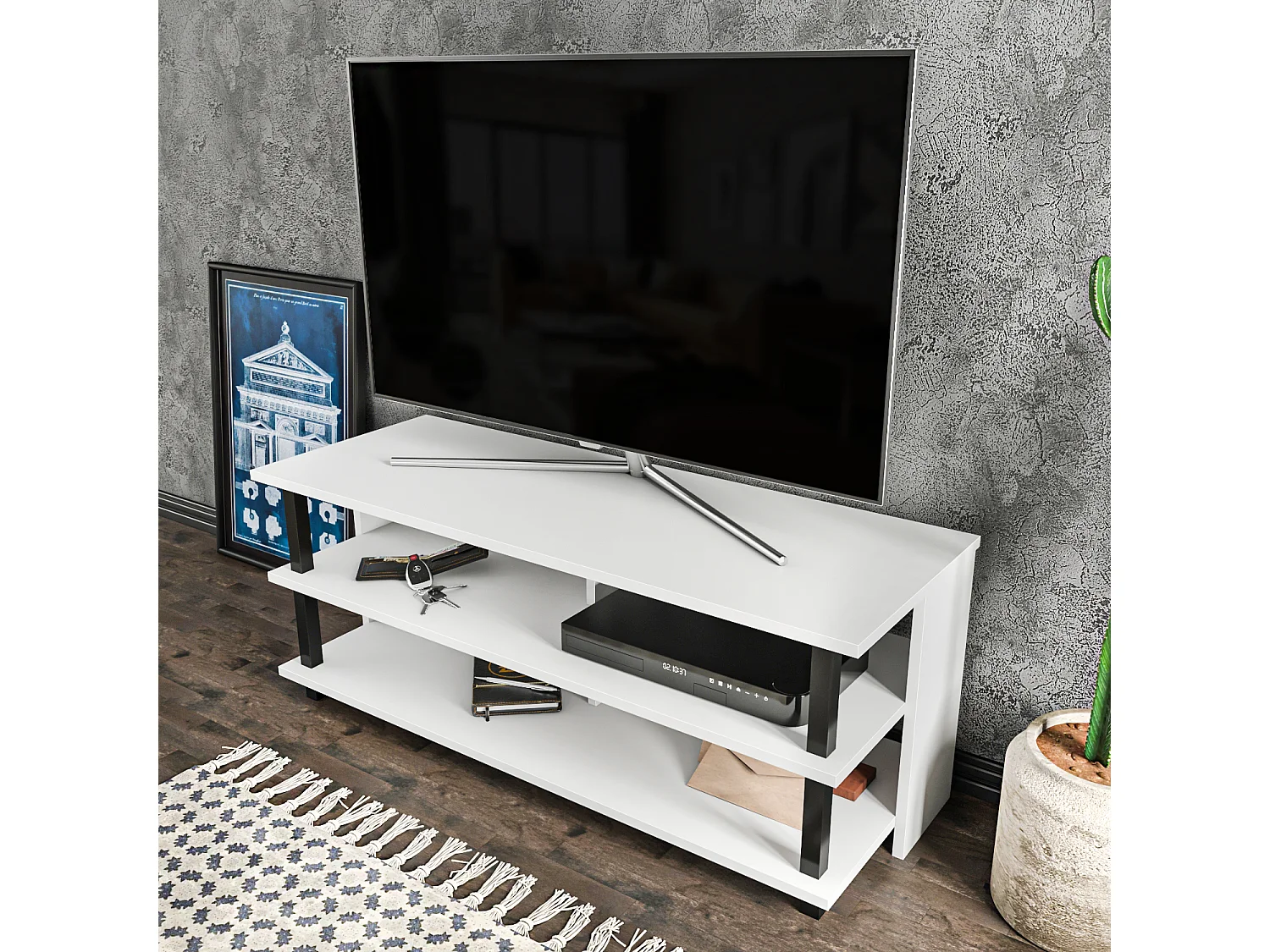 Pueblo Meuble TV 120 cm Niches et Étagères Ouvertes (Noir et Blanc)