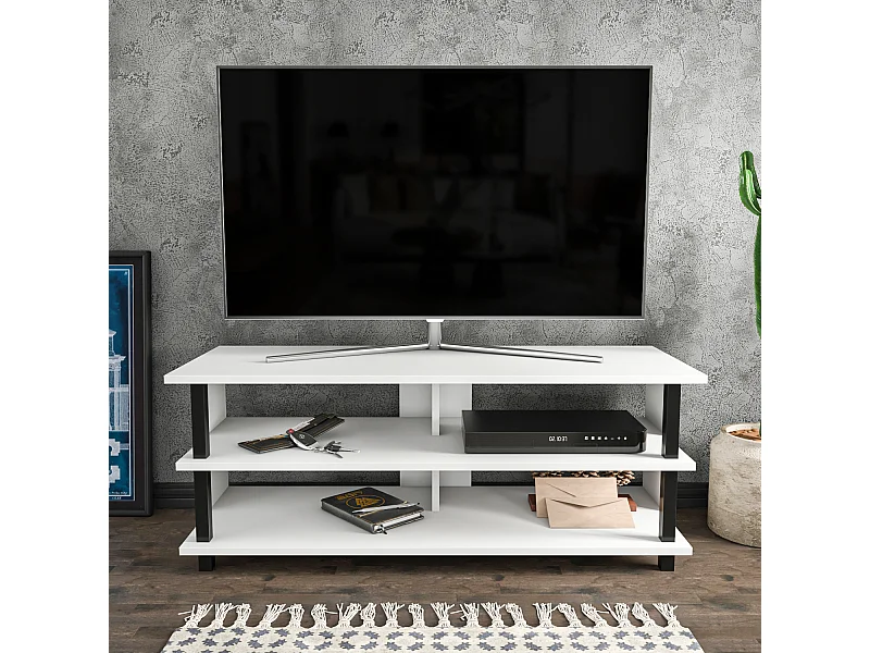 Pueblo Meuble TV 120 cm Niches et Étagères Ouvertes (Noir et Blanc)