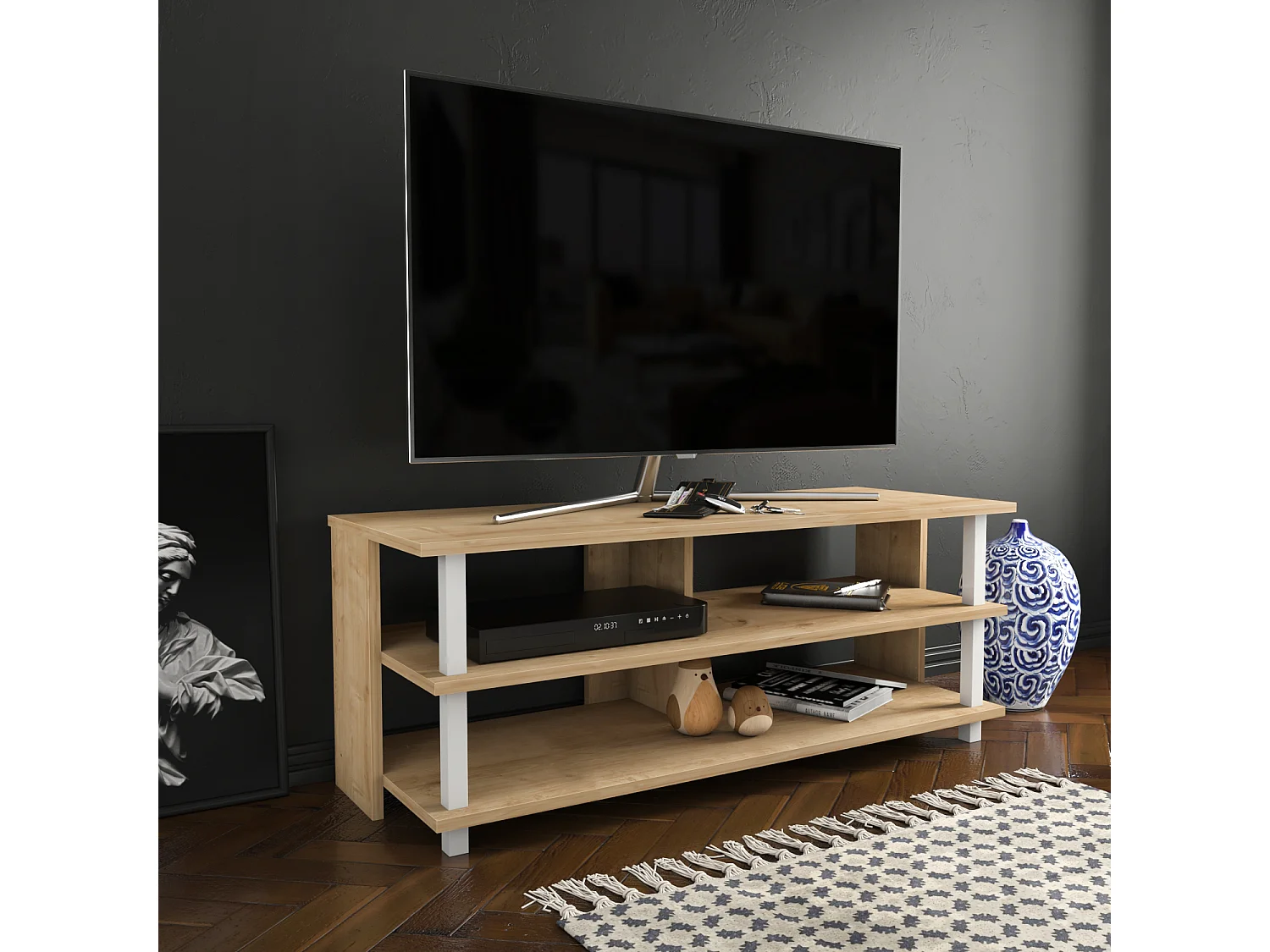 Pueblo Meuble TV 120 cm Niches et Étagères Ouvertes (Blanc et Chêne)