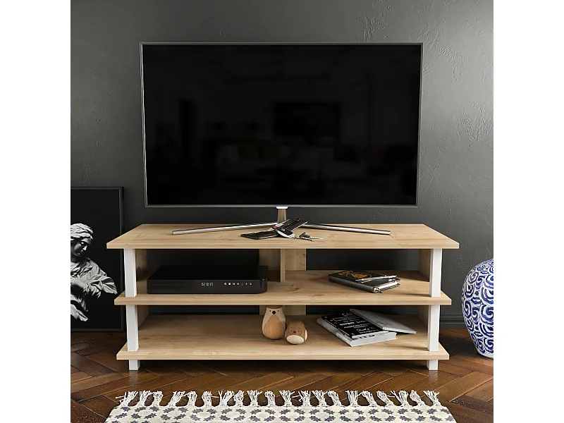 Pueblo Meuble TV 120 cm Niches et Étagères Ouvertes (Blanc et Chêne)