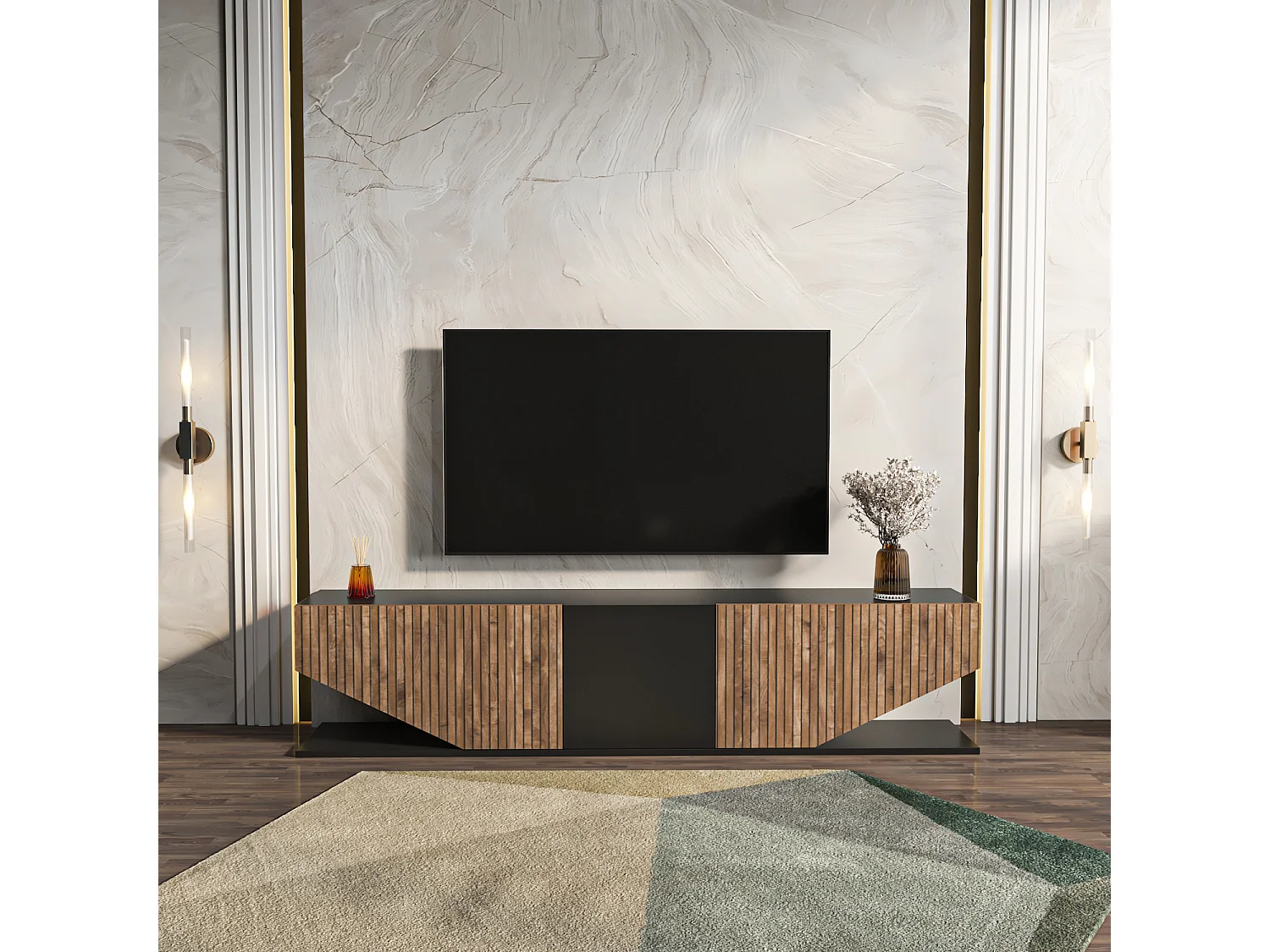 Meuble TV Pearl de 180 cm avec des armoires en style ailes (Noir et Effet Alina)