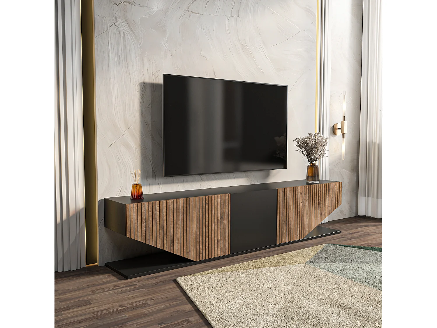 Meuble TV Pearl de 180 cm avec des armoires en style ailes (Noir et Effet Alina)