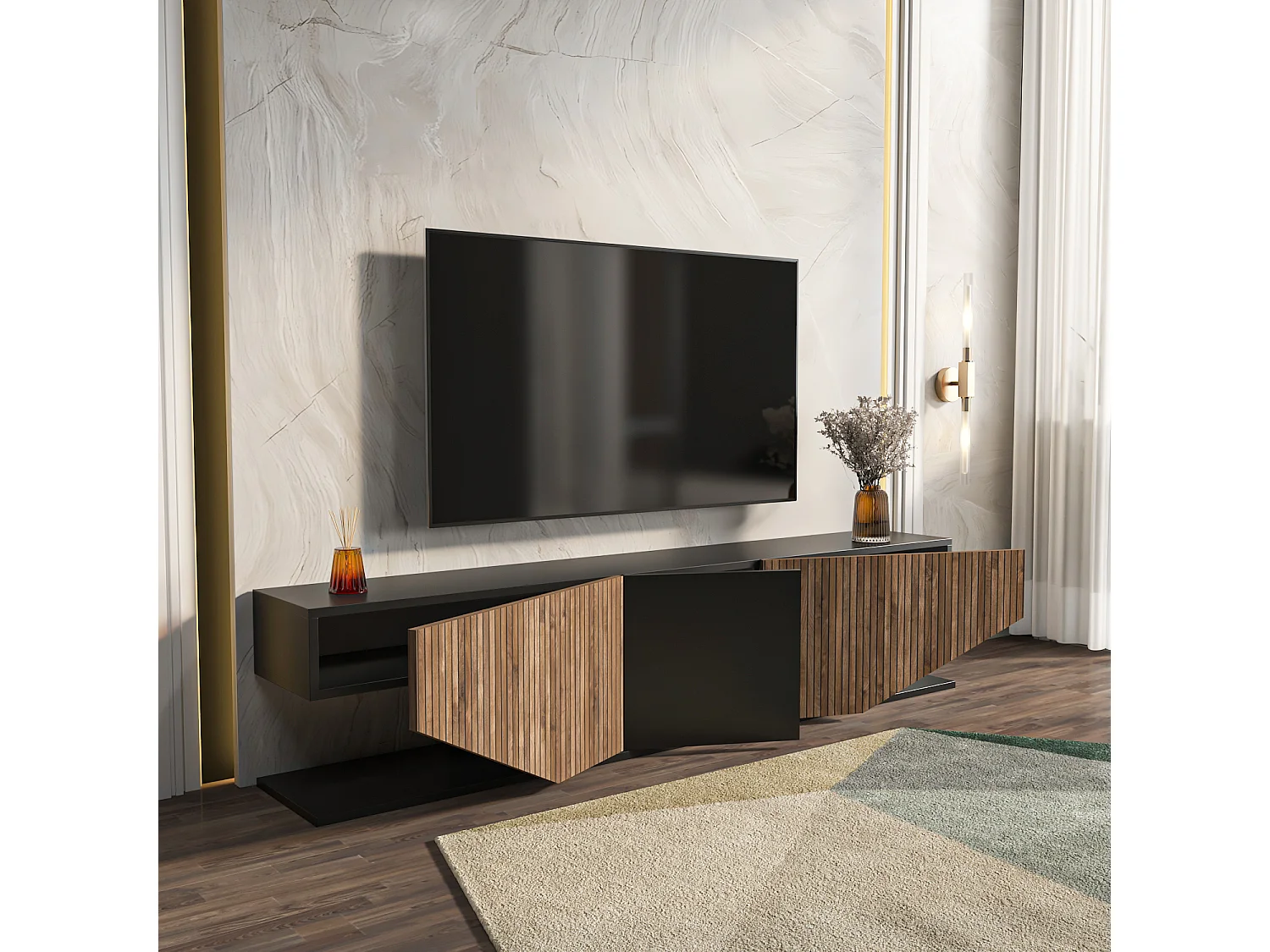 Meuble TV Pearl de 180 cm avec des armoires en style ailes (Noir et Effet Alina)