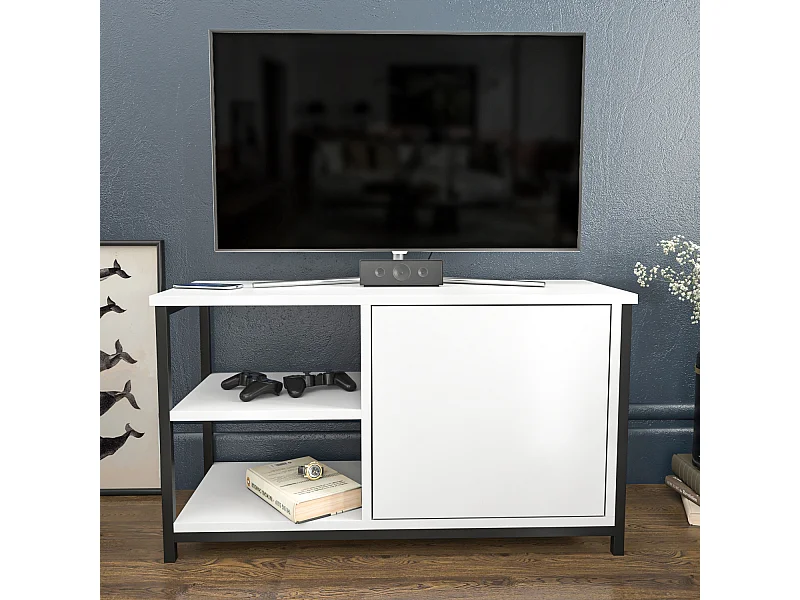 Meuble TV Muskegon 90 cm Placard et Étagères ouvertes (Noir et Blanc)