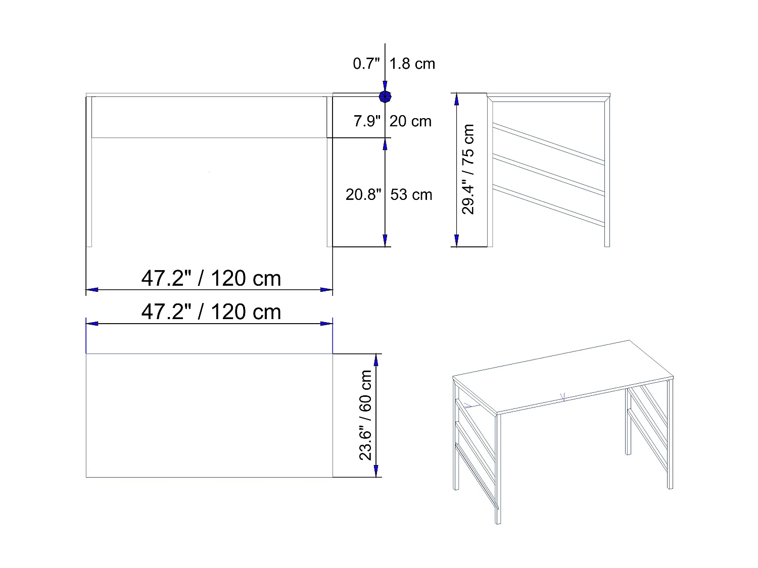 Bureau Josephine avec le cadre en métal (blanc et noir) 75 cm h x 120 cm l x 60 p