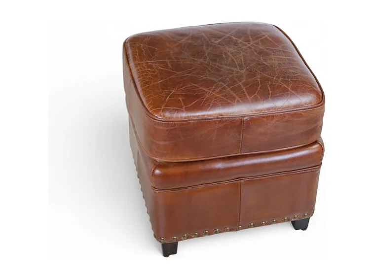 Pouf pelle marrone invecchiata stile club inglese – modello Ernest