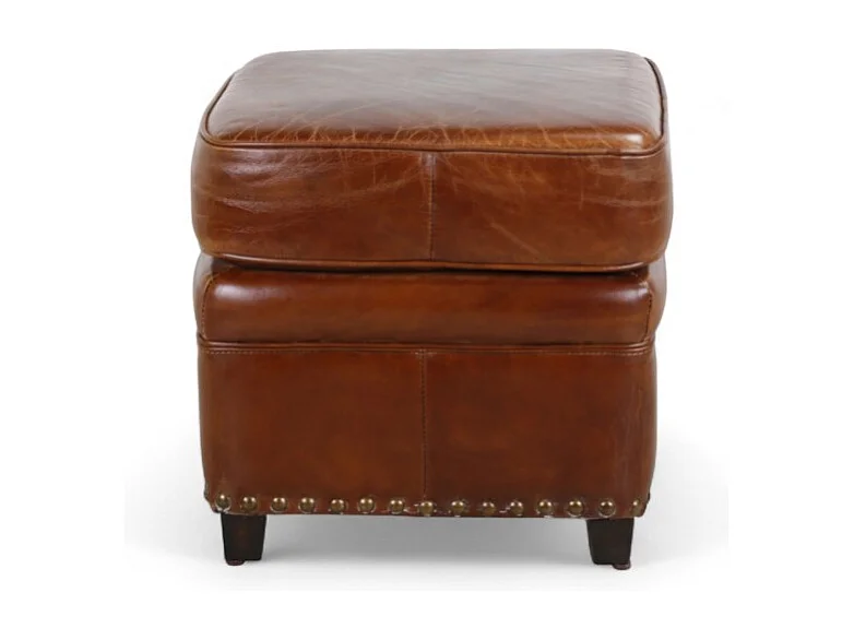 Pouf pelle marrone invecchiata stile club inglese – modello Ernest