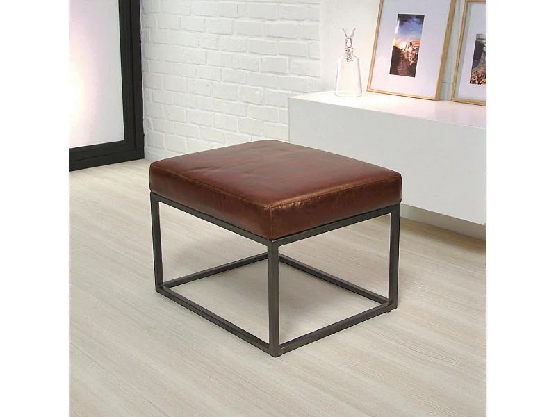 Pouf pelle marrone vintage metallo – modello Julian