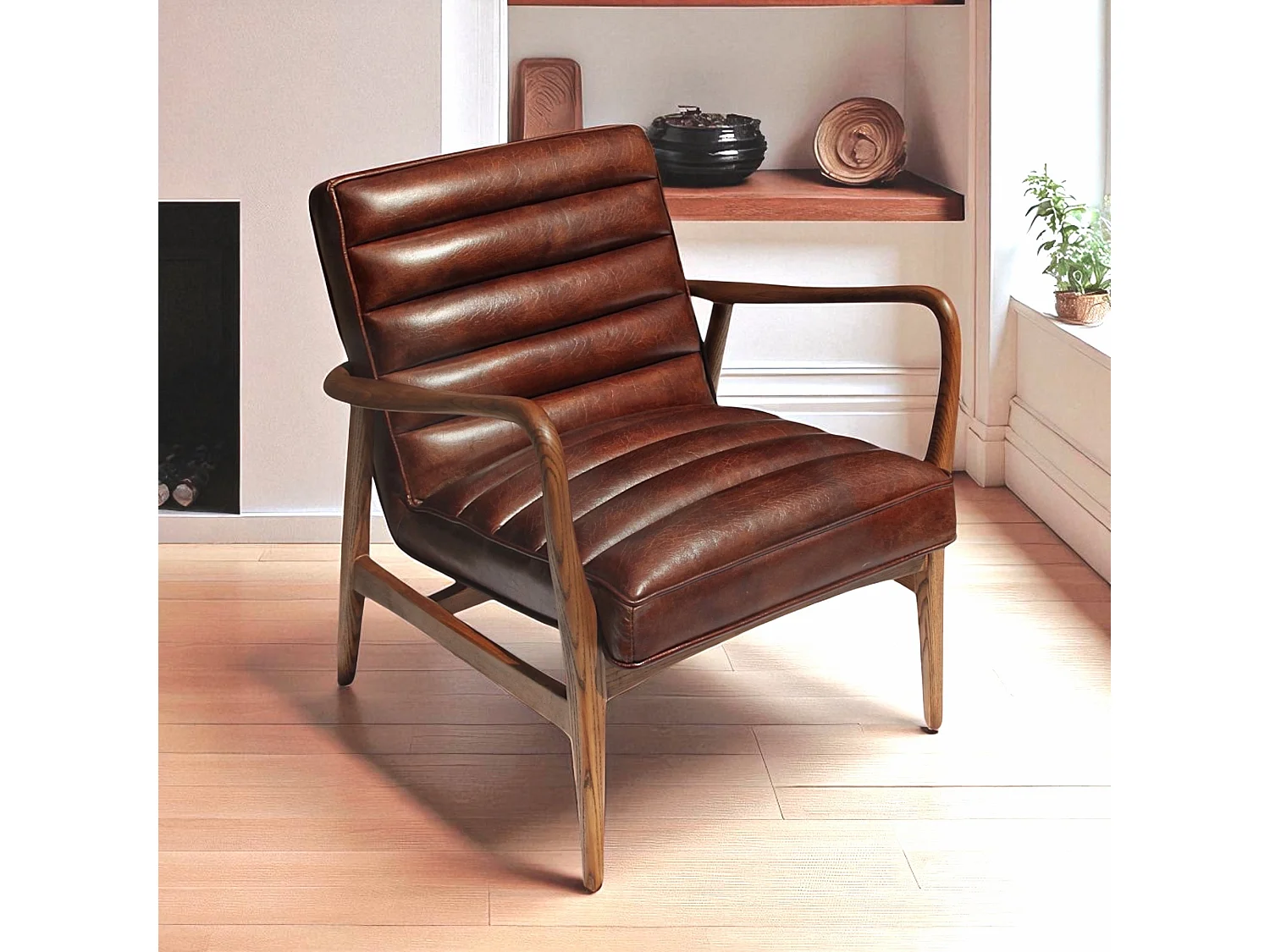 Club-Sessel Leder Braun Holz 50er-Stil – Modell Elton