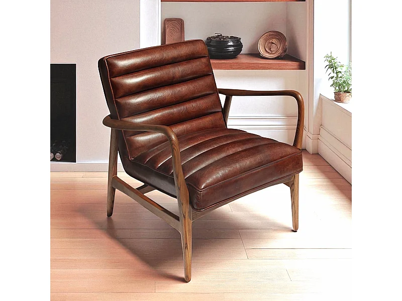 Club-Sessel Leder Braun Holz 50er-Stil – Modell Elton