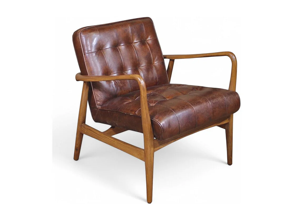 Poltrona club pelle marrone vintage e legno – modello Evan