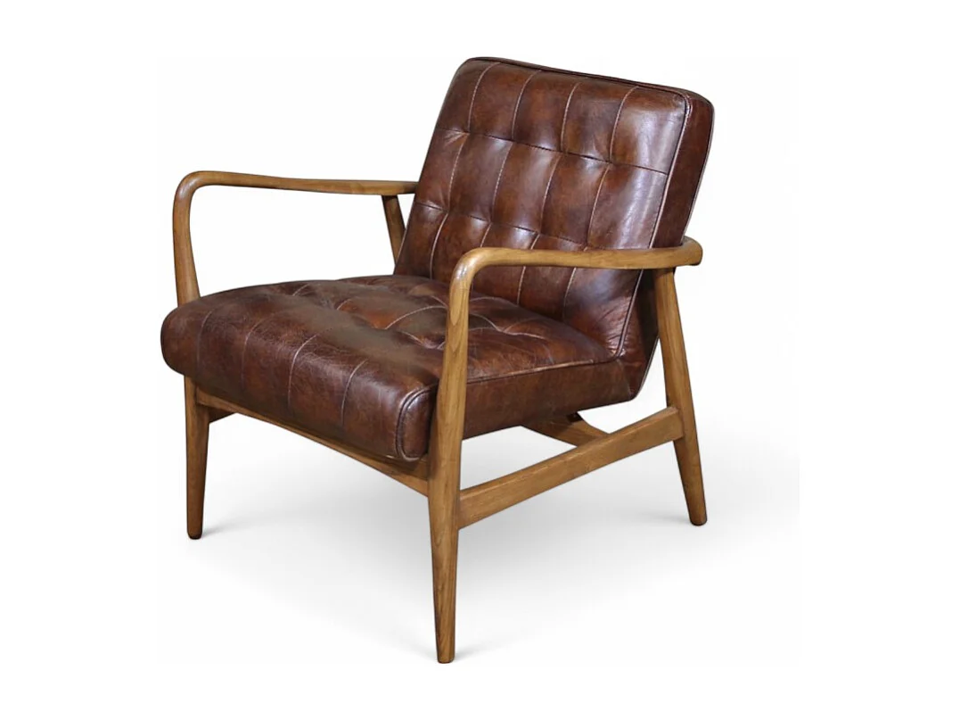 Poltrona club pelle marrone vintage e legno – modello Evan