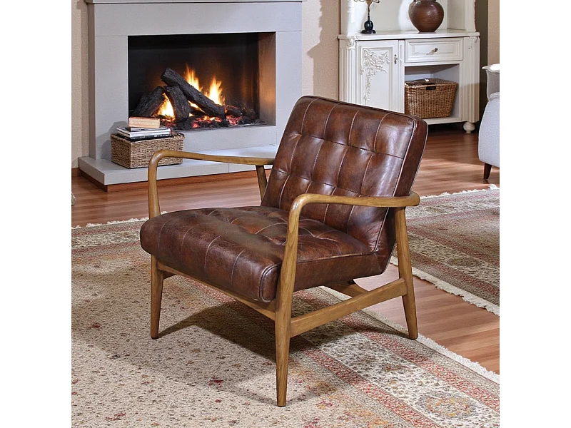 Poltrona club pelle marrone vintage e legno – modello Evan