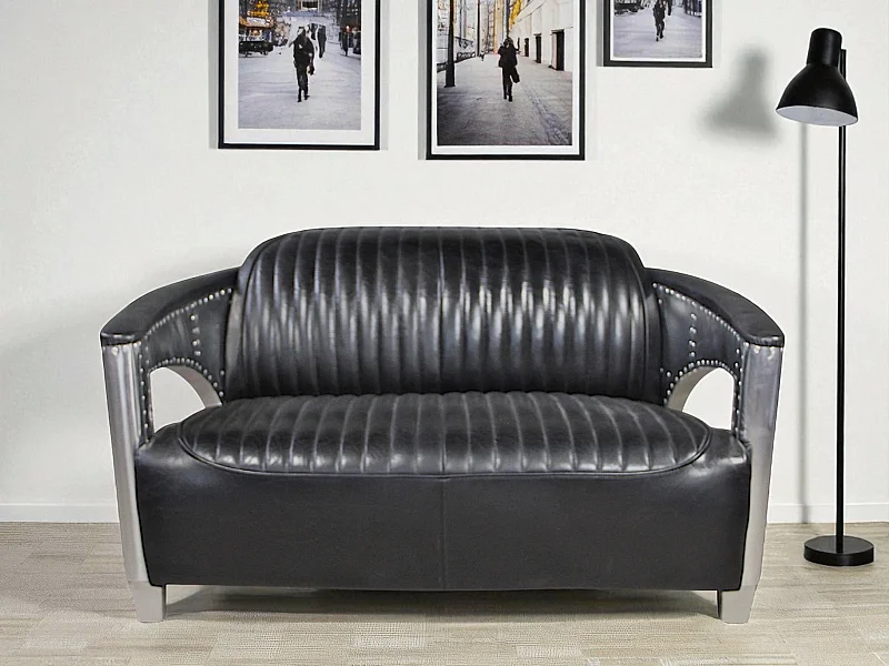 Canapé aviateur cuir noir vintage 2 places - collection Chuck
