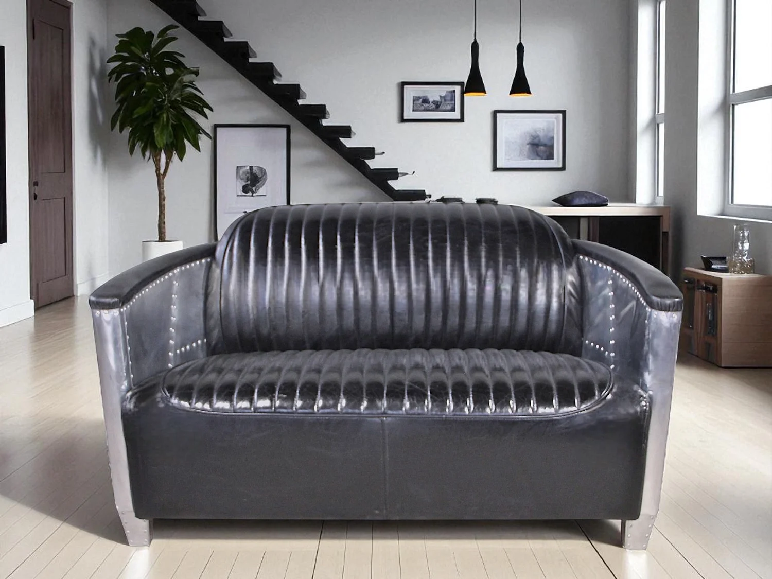 Canapé aviateur cuir noir vintage 2 places – collection Mermoz