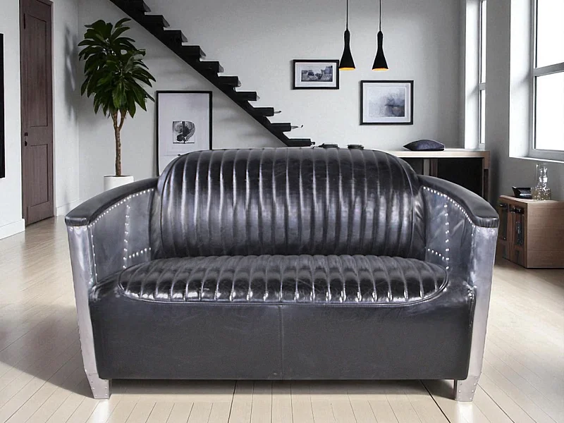 Canapé aviateur cuir noir vintage 2 places – collection Mermoz