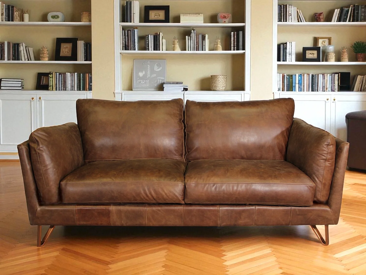 Canapé cuir marron design 3 places - modèle Trevor