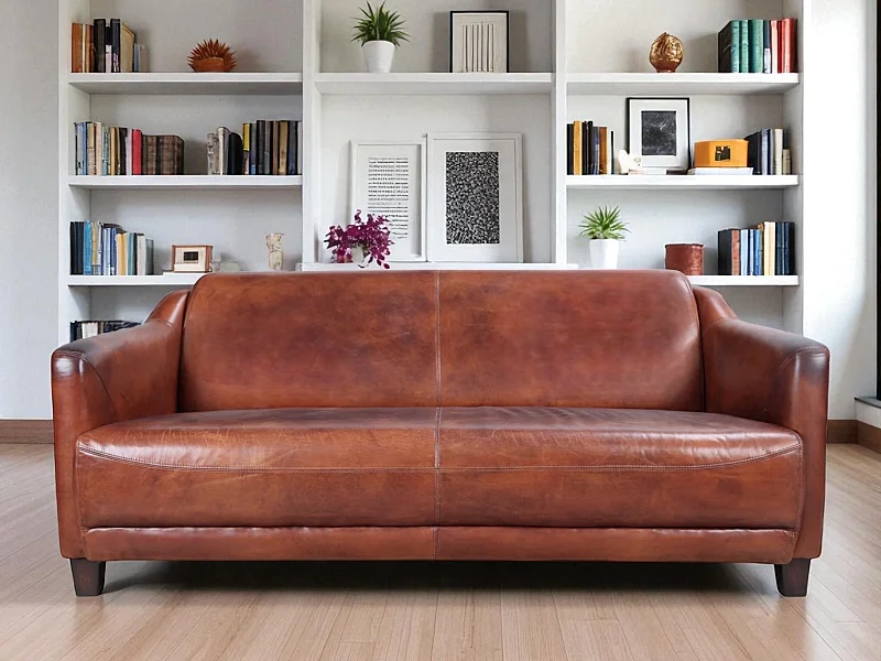 Canapé club cuir marron 3 places vieilli – collection Alfred