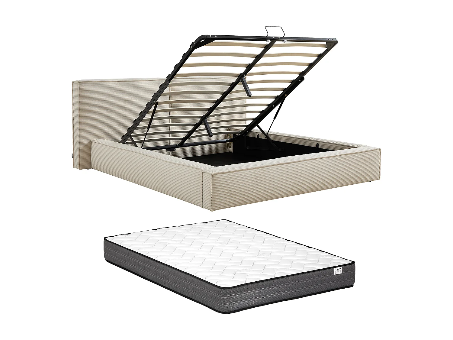 Lit coffre 160 x 200 cm – Velours côtelé – Beige + Matelas - TAVESO