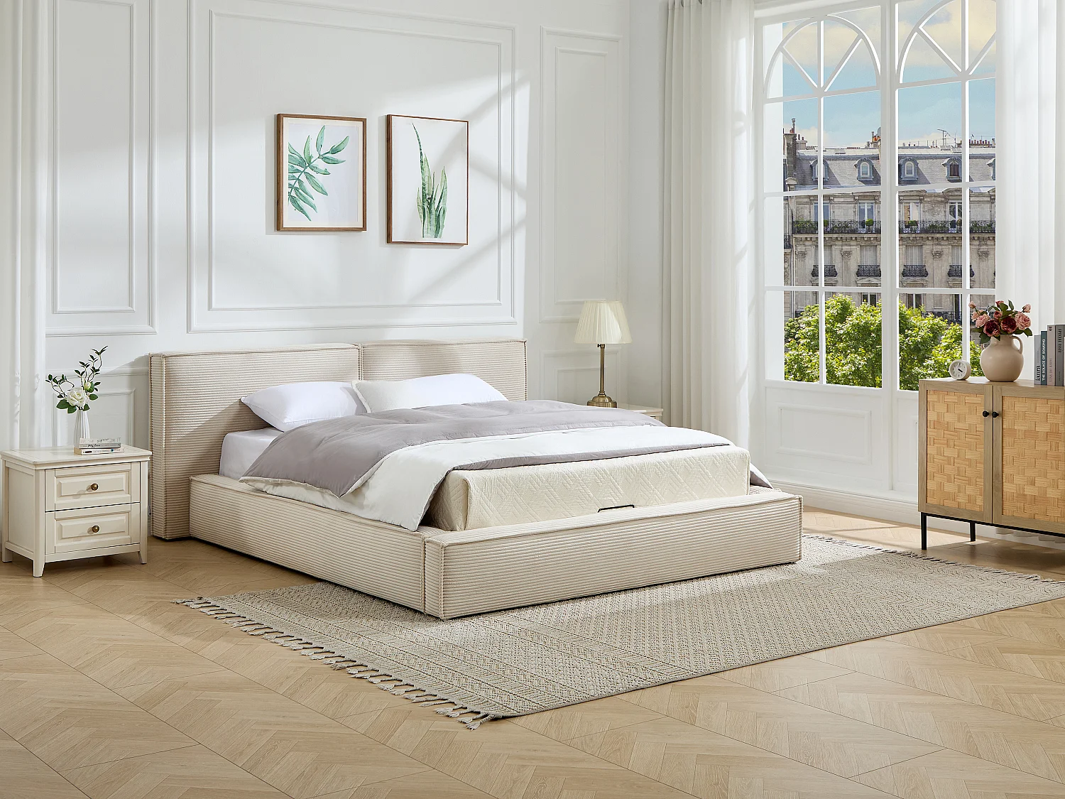 Lit coffre 160 x 200 cm – Velours côtelé – Beige + Matelas - TAVESO