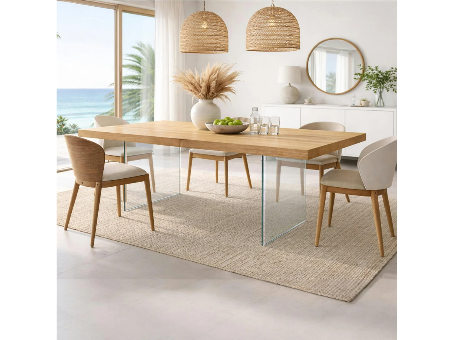 Table extensible bois huilé bords droits pieds verre 180 cm PALERME