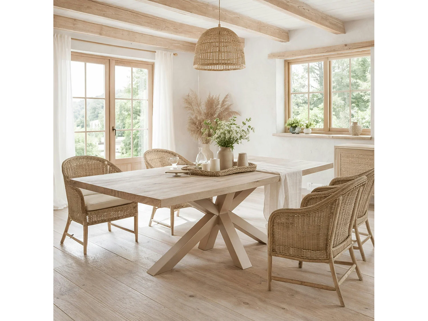 Table extensible bois grisé bords droits pied grège 200 cm PALERME