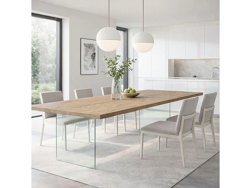 Table extensible bois grisé bords droits pieds verre 240 cm PALERME